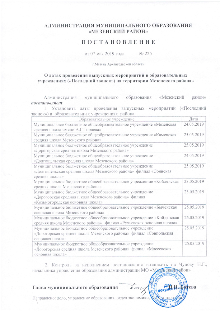 О датах проведения выпускных мероприятий в образовательных учреждениях ("Последний звонок") на территории Мезенского района