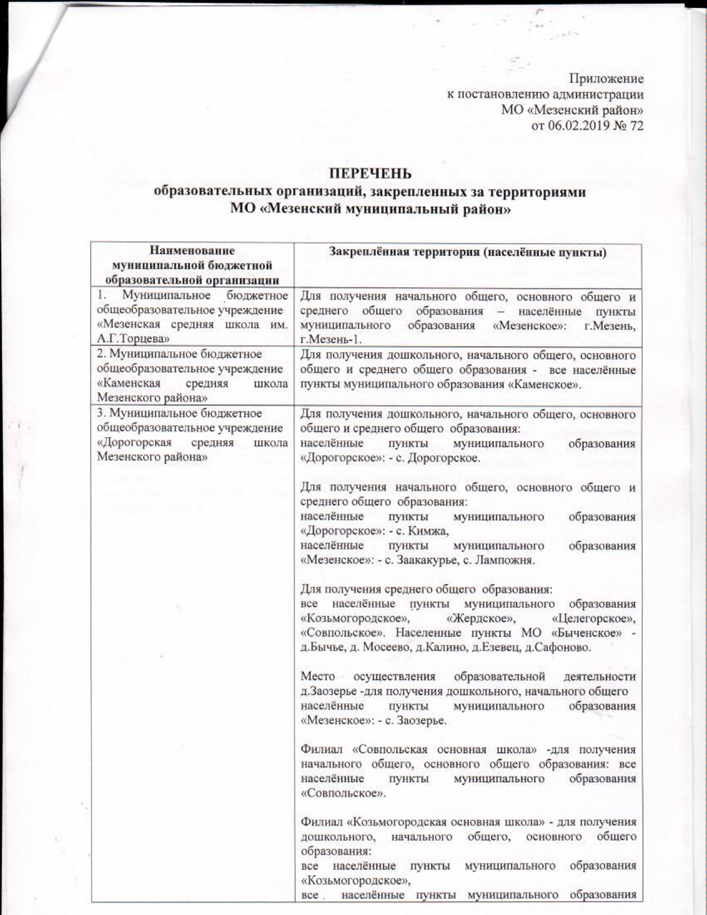О закреплении муниципальных образовательных организаций за конкретными территориями муниципального образования "Мезенский район"